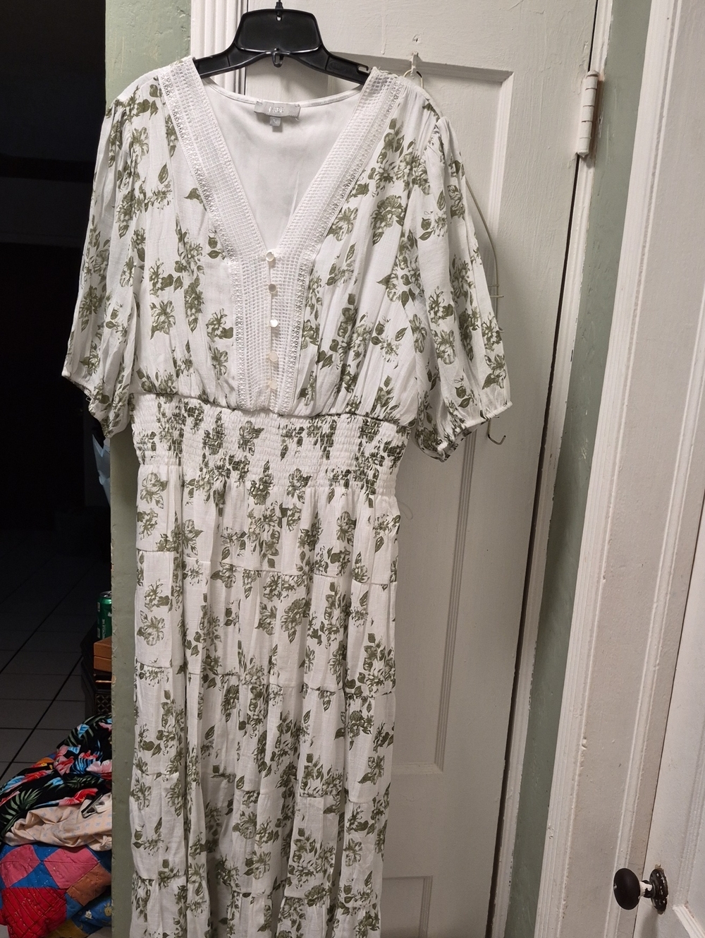White & Olive Floral Maxi Dress - Lightweight V-Neck
